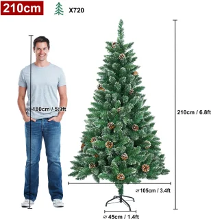 Kunstkerstboom Met Verlichting, 210cm Kunstspar Met Sneeuw En Dennenappels, Edele Spar Snelle Montage, Inclusief Kerstboomstandaard