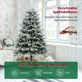 COSTWAY Kunstkerstboom met sneeuw en verlichting, 180 cm dennenboom met 350 warm-witte ledlampen, 1022 gemengde takken, kerstboom, kunstboom voor Kerstmis, wit-groen
