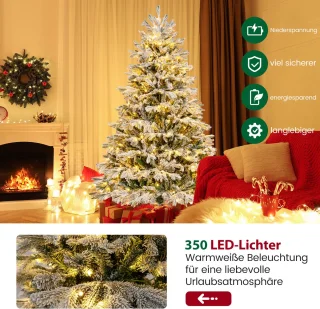 COSTWAY Kunstkerstboom met sneeuw en verlichting, 180 cm dennenboom met 350 warm-witte ledlampen, 1022 gemengde takken, kerstboom, kunstboom voor Kerstmis, wit-groen