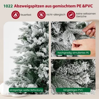 COSTWAY Kunstkerstboom met sneeuw en verlichting, 180 cm dennenboom met 350 warm-witte ledlampen, 1022 gemengde takken, kerstboom, kunstboom voor Kerstmis, wit-groen