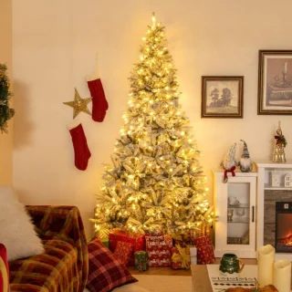 210 cm kunstkerstboom – Halve vorm, voorverlicht met 852 takpunten, PE & PVC, 240 witte LED-lampen