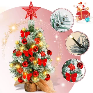 Mini kerstboom met LED verlichting en sneeuw - Kunstkerstboom - Kleine boom met verlichting en decoratie - Kunstboom - Kerststukje - Christmas Tree - Rood