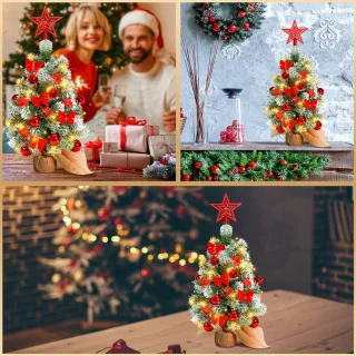 Mini kerstboom met LED verlichting en sneeuw - Kunstkerstboom - Kleine boom met verlichting en decoratie - Kunstboom - Kerststukje - Christmas Tree - Rood
