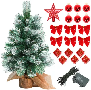 Mini kerstboom met LED verlichting en sneeuw - Kunstkerstboom - Kleine boom met verlichting en decoratie - Kunstboom - Kerststukje - Christmas Tree - Rood