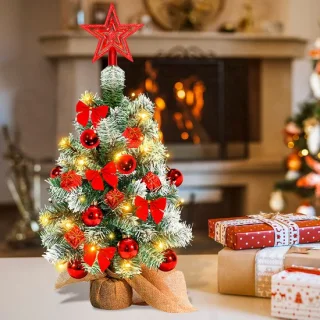 Mini kerstboom met LED verlichting en sneeuw - Kunstkerstboom - Kleine boom met verlichting en decoratie - Kunstboom - Kerststukje - Christmas Tree - Rood