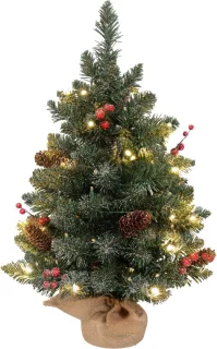 Mini Kerstboom met LED verlichting, 60 cm, dennenappels en bessen