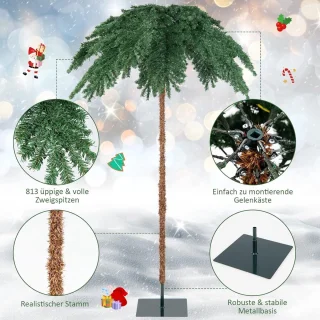 COSTWAY 180 cm verlichte kunstpalm, kunstboom met 250 led-lampjes in warmwit, led-boom met 813 punten en metalen standaard, lichtboom voor Kerstmis en terras, binnen- en buitendecoratie