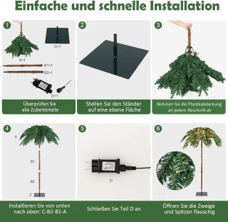 COSTWAY 180 cm verlichte kunstpalm, kunstboom met 250 led-lampjes in warmwit, led-boom met 813 punten en metalen standaard, lichtboom voor Kerstmis en terras, binnen- en buitendecoratie