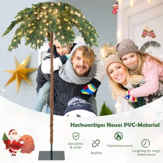 COSTWAY 180 cm verlichte kunstpalm, kunstboom met 250 led-lampjes in warmwit, led-boom met 813 punten en metalen standaard, lichtboom voor Kerstmis en terras, binnen- en buitendecoratie