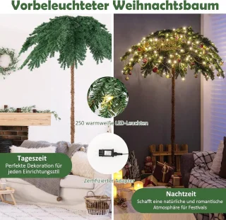COSTWAY 180 cm verlichte kunstpalm, kunstboom met 250 led-lampjes in warmwit, led-boom met 813 punten en metalen standaard, lichtboom voor Kerstmis en terras, binnen- en buitendecoratie