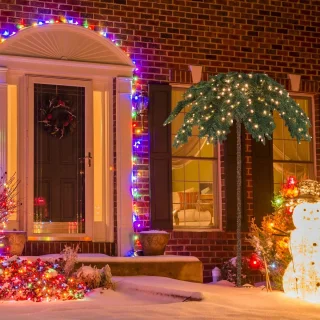 COSTWAY 180 cm verlichte kunstpalm, kunstboom met 250 led-lampjes in warmwit, led-boom met 813 punten en metalen standaard, lichtboom voor Kerstmis en terras, binnen- en buitendecoratie