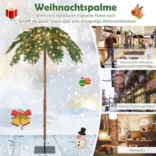 COSTWAY 180 cm verlichte kunstpalm, kunstboom met 250 led-lampjes in warmwit, led-boom met 813 punten en metalen standaard, lichtboom voor Kerstmis en terras, binnen- en buitendecoratie