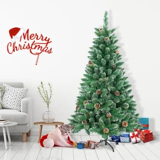 120cm Kunstkerstboom met lichtgevende groene PVC met sneeuweffect & dennenappels LED PVC kerstboom dennenboom decoratieve boom met standaard Kerstversiering voor kerstversiering