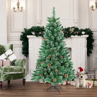 120cm Kunstkerstboom met lichtgevende groene PVC met sneeuweffect & dennenappels LED PVC kerstboom dennenboom decoratieve boom met standaard Kerstversiering voor kerstversiering