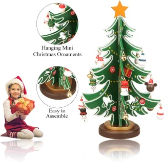Mini-kerstboom - Houten kerstspeelgoedset voor op het bureau - DIY 3D-bureauversieringen - Bevat meerdere mini-kerstversieringen en 1 stervormige boomtop - Voor kerstversiering op het bureau (24 cm hoog)