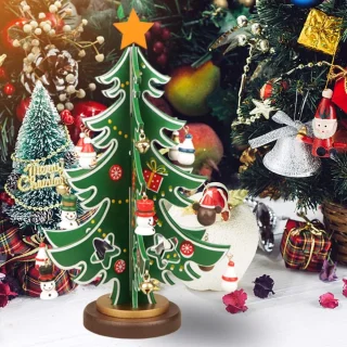 Mini-kerstboom - Houten kerstspeelgoedset voor op het bureau - DIY 3D-bureauversieringen - Bevat meerdere mini-kerstversieringen en 1 stervormige boomtop - Voor kerstversiering op het bureau (24 cm hoog)