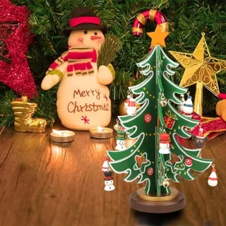 Mini-kerstboom - Houten kerstspeelgoedset voor op het bureau - DIY 3D-bureauversieringen - Bevat meerdere mini-kerstversieringen en 1 stervormige boomtop - Voor kerstversiering op het bureau (24 cm hoog)