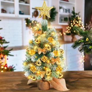 Mini kerstboom met LED verlichting en sneeuw - Kunstkerstboom - Kleine boom met verlichting en decoratie - Kunstboom - Kerststukje - Christmas Tree - Goud