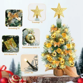 Mini kerstboom met LED verlichting en sneeuw - Kunstkerstboom - Kleine boom met verlichting en decoratie - Kunstboom - Kerststukje - Christmas Tree - Goud