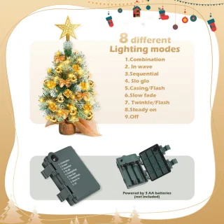 Mini kerstboom met LED verlichting en sneeuw - Kunstkerstboom - Kleine boom met verlichting en decoratie - Kunstboom - Kerststukje - Christmas Tree - Goud