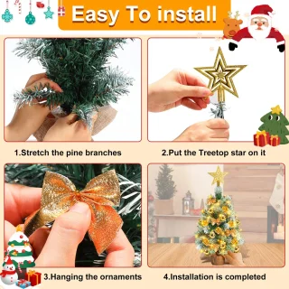 Mini kerstboom met LED verlichting en sneeuw - Kunstkerstboom - Kleine boom met verlichting en decoratie - Kunstboom - Kerststukje - Christmas Tree - Goud