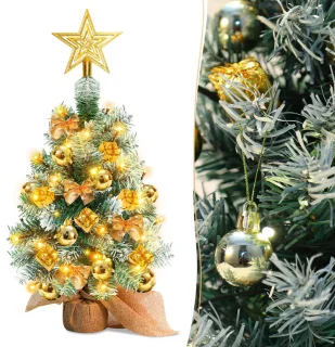 Mini kerstboom met LED verlichting en sneeuw - Kunstkerstboom - Kleine boom met verlichting en decoratie - Kunstboom - Kerststukje - Christmas Tree - Goud