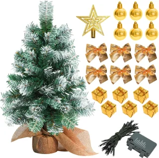 Mini kerstboom met LED verlichting en sneeuw - Kunstkerstboom - Kleine boom met verlichting en decoratie - Kunstboom - Kerststukje - Christmas Tree - Goud