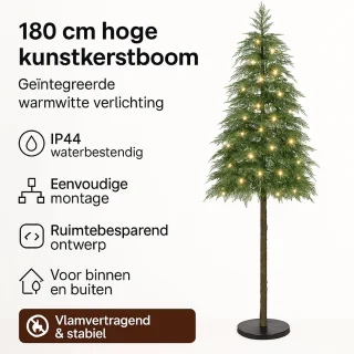Kunstkerstboom 180 cm – Slank & Realistisch – Inclusief Warmwitte LED-verlichting – Brandveilig – Voor Binnen & Overdekt Buiten