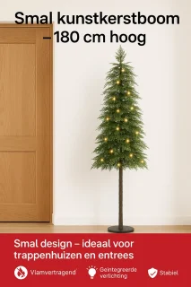 Kunstkerstboom 180 cm – Slank & Realistisch – Inclusief Warmwitte LED-verlichting – Brandveilig – Voor Binnen & Overdekt Buiten