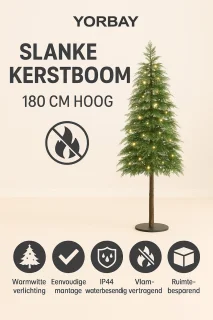 Kunstkerstboom 180 cm – Slank & Realistisch – Inclusief Warmwitte LED-verlichting – Brandveilig – Voor Binnen & Overdekt Buiten