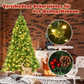 COSTWAY Kunstkerstboom met warmwitte led-lichtsnoer, dennenboom met metalen standaard, kerstboom van pvc, 135/200 cm, groen (200 cm)