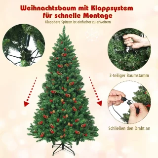 COSTWAY Kunstkerstboom met warmwitte led-lichtsnoer, dennenboom met metalen standaard, kerstboom van pvc, 135/200 cm, groen (200 cm)
