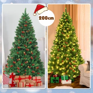 COSTWAY Kunstkerstboom met warmwitte led-lichtsnoer, dennenboom met metalen standaard, kerstboom van pvc, 135/200 cm, groen (200 cm)