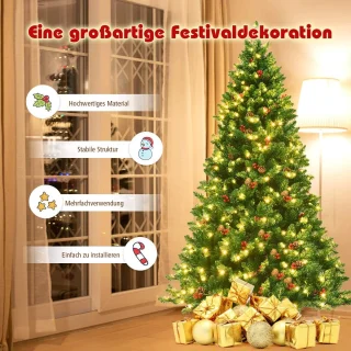 COSTWAY Kunstkerstboom met warmwitte led-lichtsnoer, dennenboom met metalen standaard, kerstboom van pvc, 135/200 cm, groen (200 cm)