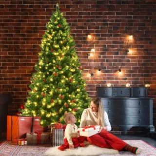 COSTWAY Kunstkerstboom met warmwitte led-lichtsnoer, dennenboom met metalen standaard, kerstboom van pvc, 135/200 cm, groen (200 cm)