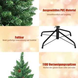 COSTWAY Kunstkerstboom met warmwitte led-lichtsnoer, dennenboom met metalen standaard, kerstboom van pvc, 135/200 cm, groen (200 cm)