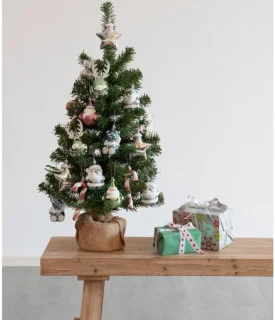 Bellatio Decorations kunst kerstboom - 2x - H75 cm - met kerstversiering - wit - kunstboom - versierde miniboom