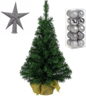 Volle kunst kerstboom 35 cm in jute zak met zilveren versiering 21-delig - Kerstdecoratie set