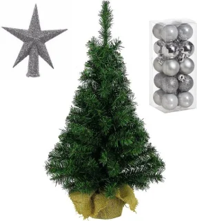 Volle kunst kerstboom 35 cm in jute zak met zilveren versiering 21-delig - Kerstdecoratie set