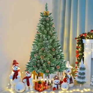 150CM Kunstkerstboom, Dennenboom, Kunstboom Wit & Groen met Sneeuweffect + Dennenappels, PVC Kerstboom inclusief Standaard