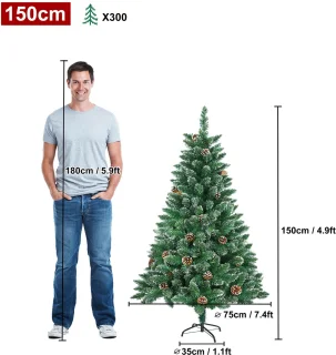 150CM Kunstkerstboom, Dennenboom, Kunstboom Wit & Groen met Sneeuweffect + Dennenappels, PVC Kerstboom inclusief Standaard