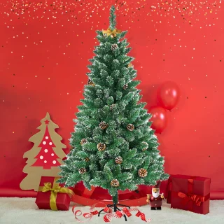 150CM Kunstkerstboom, Dennenboom, Kunstboom Wit & Groen met Sneeuweffect + Dennenappels, PVC Kerstboom inclusief Standaard
