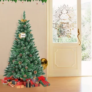 150CM Kunstkerstboom, Dennenboom, Kunstboom Wit & Groen met Sneeuweffect + Dennenappels, PVC Kerstboom inclusief Standaard