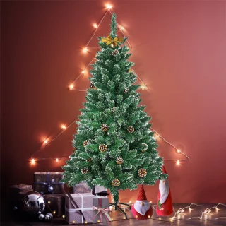 150CM Kunstkerstboom, Dennenboom, Kunstboom Wit & Groen met Sneeuweffect + Dennenappels, PVC Kerstboom inclusief Standaard