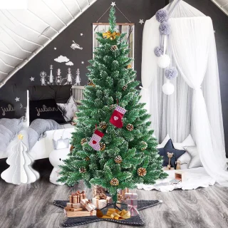 150CM Kunstkerstboom, Dennenboom, Kunstboom Wit & Groen met Sneeuweffect + Dennenappels, PVC Kerstboom inclusief Standaard