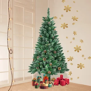 150CM Kunstkerstboom, Dennenboom, Kunstboom Wit & Groen met Sneeuweffect + Dennenappels, PVC Kerstboom inclusief Standaard