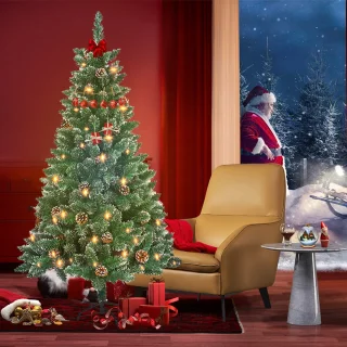 150CM Kunstkerstboom, Dennenboom, Kunstboom Wit & Groen met Sneeuweffect + Dennenappels, PVC Kerstboom inclusief Standaard