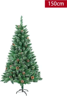150CM Kunstkerstboom, Dennenboom, Kunstboom Wit & Groen met Sneeuweffect + Dennenappels, PVC Kerstboom inclusief Standaard