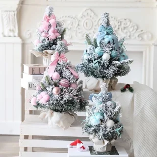 Tafelkerstboom - 40 cm - Mini kunstkerstboom - Met roze ornamenten - Bevlokte kerstboom - Kerstdecoratie - Geschikt voor binnen