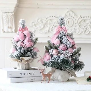 Tafelkerstboom - 40 cm - Mini kunstkerstboom - Met roze ornamenten - Bevlokte kerstboom - Kerstdecoratie - Geschikt voor binnen